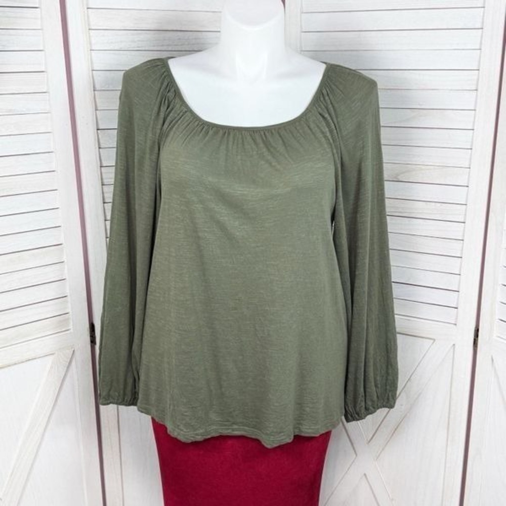 Loft Slub Jersey Knit Scoop Neck‎ Peasant Tee Shirt Olive Green Large